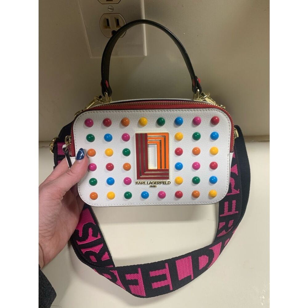 NWT Karl Lagerfeld Simone Crossbody Top Handle – White Multi Stud Logo - Picture 4 of 7
